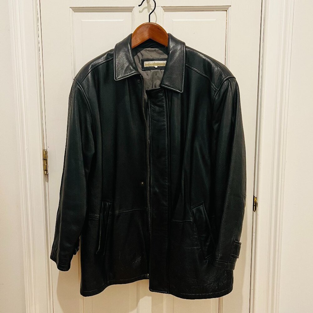 Vintage 90's Perry Ellis Mens Classic Heavyweight Leather Jacket Black Large